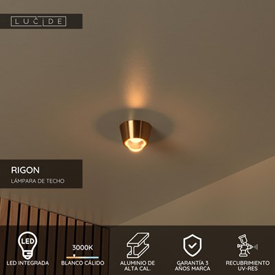 Lucide RIGON - Lámpara de techo - Ø 9 cm - LED - 1x7W 3000K - Oro mate / Latón